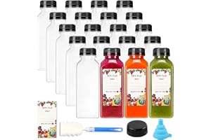 Premify 20pcs Empty Plastic Juice Bottles with Caps,12oz/350ml Reusable Juice/Milk/Water Bottles for Kids, Clear Bulk Beverage Containers with Lids, Label, Funnel and Brush for Juicing, Milk, Smoothie