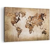 Tableau Décoratif Carte Du Monde 120x80 Cm - Impression Sur Toile Bleu Avec Boussole - Décoration Murale Salon Chambre