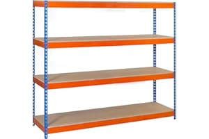 SIMON RACK SimonRack Estantería Metálica Almacenaje, Sin Tornillos, 4 Baldas Madera, Alta Capacidad Carga 400 kg, 2000x1500x750 mm, Estantería Taller Garaje Trastero, Azul/Naranja/Madera