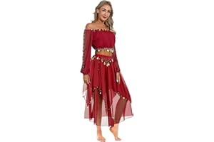 Yruioon Women's Belly Dance Costume Set Long Sleeve Crop Tops with Chiffon Skirt Belly Dance Dress Belly Dancer Indian Dance Wear