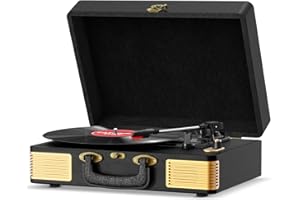 Giradischi Vinili, FYDEE Giradischi Portatile Vintage in Pelle, Giradischi Bluetooth con 3 Velocità 33/45/78 Giri, 2 Altoparlanti Incorporati, Lettore Vinile con Supporto per Cuffie, RCA, Nerissimo