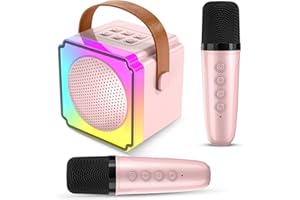 Auney Micro Karaoke Enfants Bluetooth sans Fil avec 2 Micro, avec Magique Voix Change et LED Lumière Qualité Sonore HiFi Mini Microphone,Cadeau Anniversaire pour Enfants De 3 à 18 Ans (Rose)