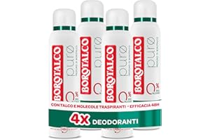 Borotalco, Deodorante Spray Puro, Talco con Molecole Traspiranti, Asciutto Anti-Odori, 48h efficacia, Senza Alcool e Sali di Alluminio, Profumo di Borotalco - 4 Pezzi da 150 ml - Esclusiva Amazon