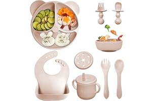 FAUXPONT Vajilla Bebe de Silicona 9 Piezas, Vajilla para Bebés Con Ventosa, Sin BPA, Antideslizante, Apto para Lavavajillas y Microondas, Con Plato Cuenco Babero Taza 2 Tapas 2 Tenedor y 2 Cuchara (Beis)