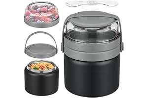 MAISON HUIS Thermos per Alimenti 400ml, Contenitore Termico per Alimenti Caldi, Porta Merenda Thermos Pappa Acciaio Inossidabile con Cucchiaio, Portavivande per Zuppa, Pasta, 400ML-Nero