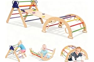 EULEUY Wooden Climbing Frame Set for Toddlers,Foldable Pikler Triangle Climber Indoor,Baby Climbing Toys with Ramp and Arch,Montessori Playground Jungle Gym,Outdoor Play Equipment for 2-6 Years Old Kids