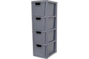 Khanary A5 Plastic Storage 4 Drawer Rattan-style Medium Drawer Unit Portable Adjustable Organizer Stationery Jewelry Cosmetics Multi-Purpose -Home Kitchen Office 62(H) x 25(D) x 19(W) cm-Grey