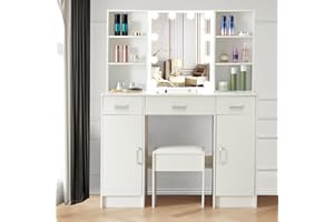 Aovquof Dressing Table with LED Mirror, 140x100x40cm Vanity Table Set with Adjustable 3-Colour Lighting, Makeup Desk with Storage, Vanity Desk, Silver Handle