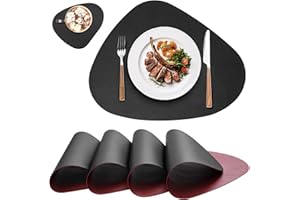 MIIDD Platzsets Abwaschbar Leder,Tischsets Abwaschbar Rund,Platzdeckchen Abwaschbar Rund,Tischset Lederoptik,Doppelseitigen Platzset und Untersetzer Teller 6er Set Oval(Schwarz&Rot)