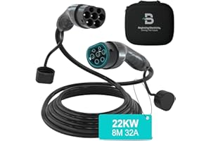 BENY Cavo Ricarica Auto Elettrica Tipo 2, Cavo di Ricarica 22 kW/ 32 A/ 8m/ 3 Fase/ IP54, Cavo Tipo 2, Cavo Ricarica Domestica Auto Elettrica, IEC 62196-2