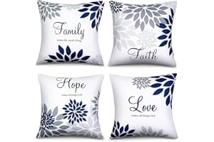 ZHILING Set of 4 Cushion Covers 45 x 45cm Navy style Family Faith Hope Love Words Pillow Cases Decorative Spring Summer Throw Pillow Covers for Sofa Bed Decor Square 18x18 Inches Throw Pillow Cases