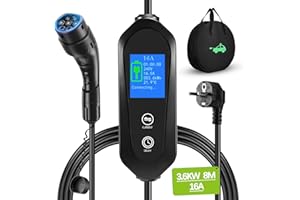 Yigowyigo Cargador Coche eléctrico Tipo 2, Cable de Cargador EV Portátil, 6-16A conmutable con Pantalla Digital,Carga Temporizada,IP67,Cable Cargador de Coche Eléctrico con Bolsa (8 Metros)