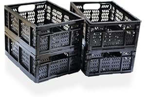 KINGSUSLAY 4 Pack Plastic Storage Crates, Home Kitchen Office Storage Box, 20L Foldable Storage Basket Bins for Foods, Fruits, Vegetables, Snacks, Clothes,Toys, Pantry Storage,Christmas gifts(Black)