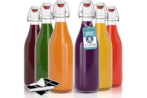 HEFTMAN Lot de 6 bouteilles en verre hermétiques pour le vin, les condiments, les boissons, l'huile, le vinaigre, le kombucha et l'eau - 1 litre