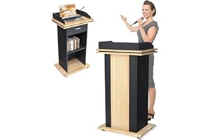 KAIWRXIN 43” Wooden Podium Stand with 3-Tier Storage Shelves & Lockable Wheels - Floor-Standing Lectern for Churches, Offices, Schools, and Conferences (Yellow Front Panel)