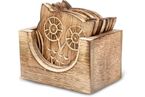 HANDY KALA Drink coasters set of 6 with holder – Handmade Wooden coasters for Coffee, Tea, Mugs, Cups, Wine Glasses – Housewarming gift - Premium quality (Owl Design)