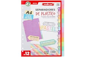 Confezione da 12 separatori StarPLAST – Confezione da 12 separatori a colori pastello, per raccoglitori con 2 o 4 anelli, organizer, rubriche, per scuola o ufficio.