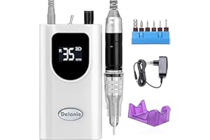 Delanie Torno para Uñas Profesional 35000rpm Portátil Inalambrico Recargable Acrílico o de Gel para Manicura y Pedicura con 6 brocas y Pantalla LCD para Salón de Belleza y Casa