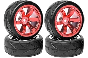 KINGCOO Lot de 4 pneus et roues de voiture RC - En caoutchouc de 64 mm et jantes à 6 rayons - En plastique - Hex de 12 mm - Pour voiture RC On-Road Run-Flating Touring Racing - Rouge