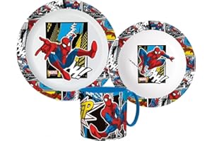 OM SUPPLIES Spiderman Cartoon Character Dinner Tableware Set 3pcs Plate, Bowl & Mug, BPA Free re-usable Plastic Microwave Safe (Spiderman)