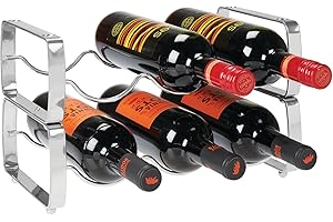 mDesign Juego de 2 botelleros apilables – Estante para vino de metal con capacidad para 3 botellas – Mueble vinoteca manejable para botellas de vino u otras bebidas – plateado