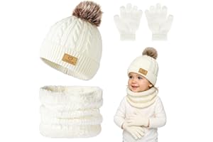 Winmany 3PCS Niños Invierno Gorros Guantes Bufanda Conjunto Niño Polar Cuello Calentador Gorro con Pom Conjunto de Mitones de Punto para Niña Niño