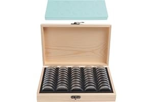 HonGien Boîtes à Pièces de Monnaie en Bois, Pièces de Monnaie Boîte de Protection avec 50 Capsules Rondes en Plastique, Boite Rangement Pièces de Collection pour 18mm/21mm/23mm/25mm/27mm/30mm