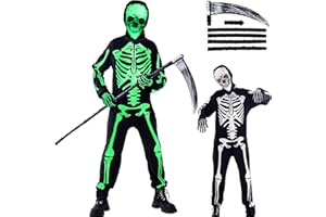 Tankermo Deluxe Skelett Kostüm Kinder Set - Halloween Kostüm Kinder Leuchtendes Skelettkostüm mit Sense 138 cm,Scary Halloween Kostüme Skeleton Costume für Jungen und Mädchen