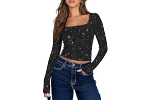 YUTILA Damen Glitzer Oberteile Kurz– Cropped Eckigem Ausschnitt Party Tops, Langarm Slim Fit Stretch Festliches Shirt Outfit