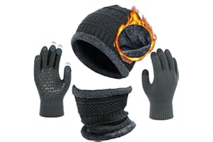 AOUVT Cappello Invernale Sciarpa Touch Screen Glove Set,Sciarpa per Cappello Lavorata a Maglia Calda Foderata in Lana Unisex Beanie Cappelli Cappello Elastico Guanti Sciarpa al Collo Vestito Invernale