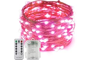 ER CHEN Erchen Battery Operated LED String Lights, Dimmable 33 FT 100 LED Ultra Thin Waterproof 8 Modes Timer Copper Wire Fairy Lights with 13 Key Remote Control for Indoor Outdoor Christmas Party (Pink)