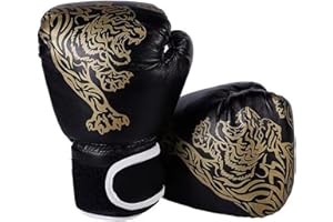 WANDERGO Kids Boxing Gloves, 6oz Junior Boxing Gloves, Golden Tiger Pattern Kickboxing Glove for Punching Bag, Kickboxing, Workout, Daily Training, Youth Games Fun for Age 6-12 Years, Black