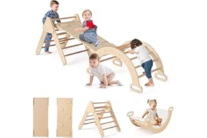 GOPLUS 7 en 1 Triángulo de Escalada para Niños de 1+ Año, Montessori Escalador con Tobogán Rampa Arco, Juguetes de Escalada de Madera, Slide Aprendizaje para Guardería Casa, Carga 50 kg (con cojín2)