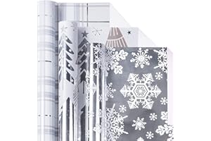 Holijolly Rouleau De Papier De Noël, Papier Glacé Gris Métallisé - Arbre/Flocon De Neige/Motif À Carreaux Pour Papier D'Emballage, Artisanat -43 X 305 Cm X 3 Rouleaux
