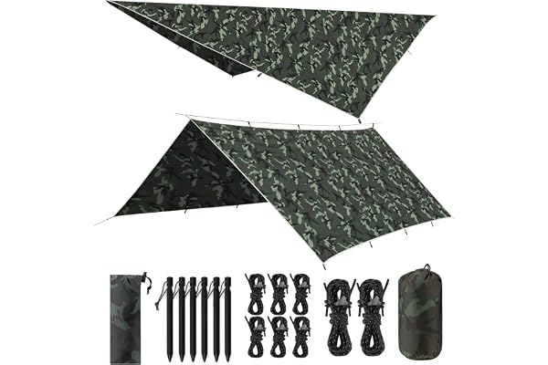 VOSOIR Bâche Anti-Pluie, 3x3M/3x5M Camping Bâche Rain Tarp, Toile de Tente Imperméable Anti-UV, Léger Portable, avec 9 ou 15 Oeillets + Clou en Aluminium + Corde à Vent, Randonnée, Hamac, Extérieur