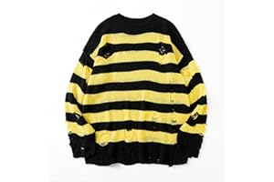 PJRYC Black Striped Sweater Sweater Men's Pullover Open Hole Knit Pullover Men's Oversized Sweatshirt Long Sleeve Top (XXL, Yellow)