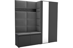 Brent - Flurgarderobe Luton 4, Garderobe Set: Schuhbank mit Sitzfläche, Garderobenpaneel, Garderobe mit Spiegel, Flur Möbel, Schwarz + Polsterpaneele in Hellgrau