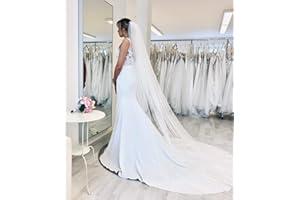 PET-JOS Wedding Bridal Veil Long 1 Layer Bridal Veil Elegant Soft Tulle Floor Veil with Comb Wedding Accessory (Ivory), Ivory-coloured