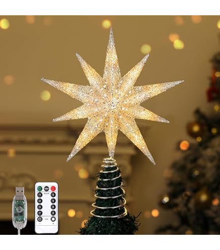 Estrella Para árbol De Navidad Con 20 Luces LED Dorada - 25 Cm, Funciona Con Pilas, Topper Decorativo Brillante