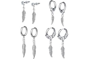 INFINIONLY Men's Women's Stainless Steel Feather Zirconia Earrings Hoops Novelty Earrings Dangles for Boys Fashion Piercing Statement Earrings Creative Stainless Steel Jewellery