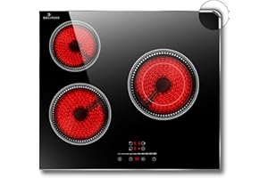 Glass Ceramic Hob 3 Plates, DELITEER Hob with Frame, 60 cm Installation, 5200 W, Slider Touch Control, Flexible Zone with Double Zone, Self-Sufficient Hob