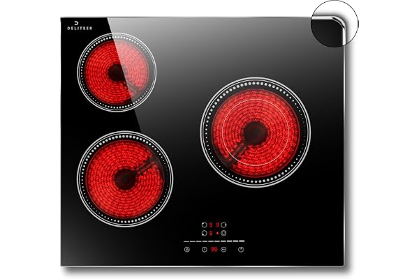 Plaque Vitrocéramique 3 Feux, DELITEER Vitrocéramique avec Cadre, 60cm Plaque de Cuisson électrique Encastrable Encastrable, 5200W, Commande Tactile à Curseur, Zone Flexible avec Double Zone