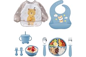 OSKUGLIN Vajilla de Bebé Silicona, 10 piezas Juegos de vajilla infantil, Cubiertos con plato ventosa, Plato Bebe Ventosa,Tenedor con mango de madera, bebe de silicona, Babero Set vajilla silicona bebe