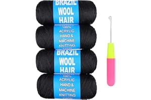 Samtress 4 Roll Natural Black Brazilian Wool Hair Acrylic Yarn for African Crochet Braids/Faux Locs/Senegalese Twist/Jumbo Braiding/Box Braids/Twist Wraps Synthetic Fiber Hair Extensions（#1B)