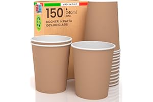 Baciato Caffè 150 Bicchieri in Carta Color Avana 240ml Ecologici Biodegradabili Monouso Made in Italy Asporto Bevande Calde Acqua - Prodotto e confezionato in Italia