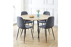 Hallowood Furniture Cullompton Large Round Dining Table Set of 4, Light Oak Effect Top & Fabric Chairs - 1.2m Kitchen Table and Chairs for Kitchen, Restaurants, Apartments & Café