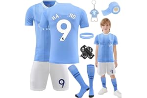 Heartsking Kids Football kit, Home Away Soccer Jerseys Football Kits for Kids Boys Girls Training Shirts Shorts Socks Guard Plate Keychain Bracelets and Bandages, Gifts for Children