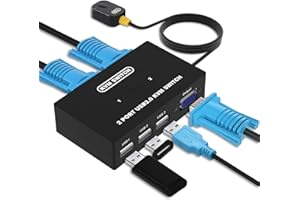 DGODRT VGA KVM Switch 2 Port, VGA Switch Box Selector 2 Computer PC Share 1 monitor 3 USB Devices, Mouse Keyboard Printer, 2 KVM Cables included