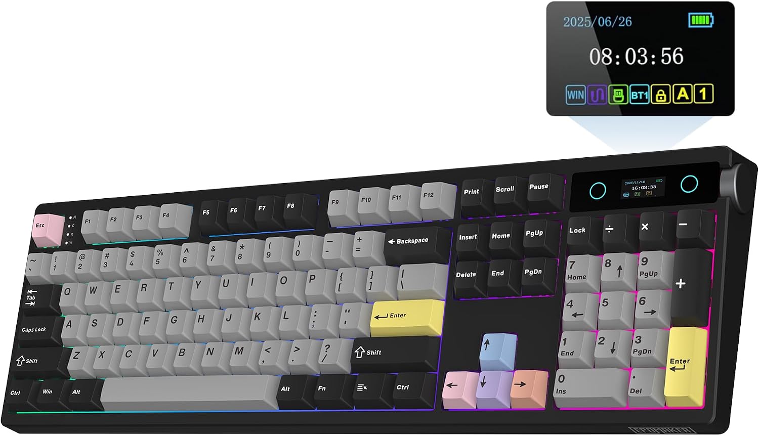 EPOMAKER TH108 Pro Teclado Mecánico Inalámbrico para Juegos de Tamaño Completo con Pantalla y Perilla, 10000mAh, Gasket Cremosa, Hot Swap, Controlador Personalizado, RGB (Negro, Sea Salt Silent)