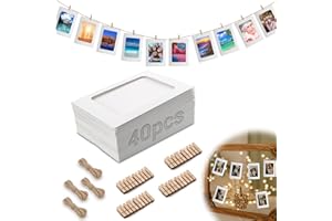 Mbsomnus 40 sztuk girlandy na zdjęcia 10 x 15 cm z klamerkami, papierowa ramka na zdjęcia, biała, z 40 drewnianymi klamerkami, 4 sztuki liny konopnej, kartonowe, ramki na zdjęcia 10 x 15 cm, do